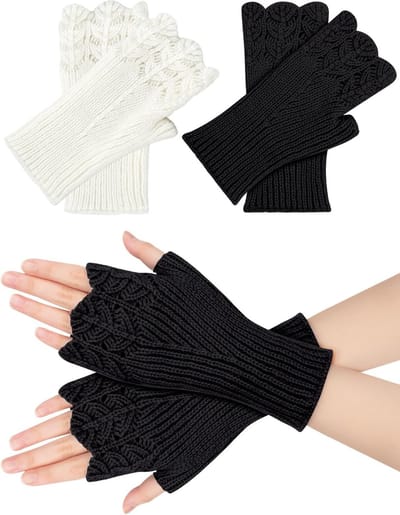 Vrouwelijke Vingerloze Handschoenen voor de Winter - Warme Gebreide Polswarmers voor Dames en Meisjes (Zwart/Grijs)