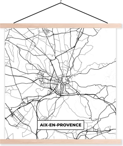 Posterhanger incl. Poster 40x40 cm - Schoolplaat - Aix-en-Provence - Frankrijk - Stadskaart - Plattegrond - Kaart - Zwart wit - Textielposter - Blanke latten - Stadskaart