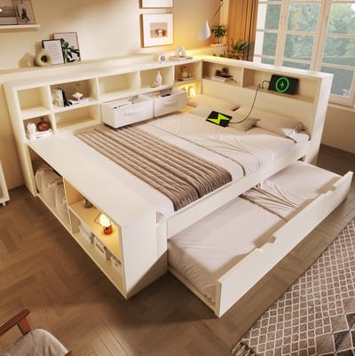 MIVRAY Bed 140x200 cm - Tweepersoonsbed Zonder Matras met Uitschuifbed en 8 Opbergvakken - USB en Type C - Hout en Spaanplaat - Wit