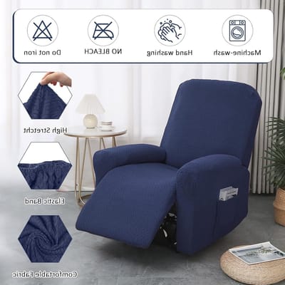 Verstelbare Stoelhoes Set van 4, Rekbare Hoes met Zakjes, All-Inclusive Bescherming voor Relaxstoelen, Gestreepte Jacquard Stoelhoes voor Televisiestoelen