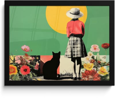 Poster in lijst - Fotolijst 40x30 cm - Posters - Retro - Meisje - Kat - Zon - Posterlijst zwart - Decoratie - Wanddecoratie woonkamer - Muurdecoratie slaapkamer