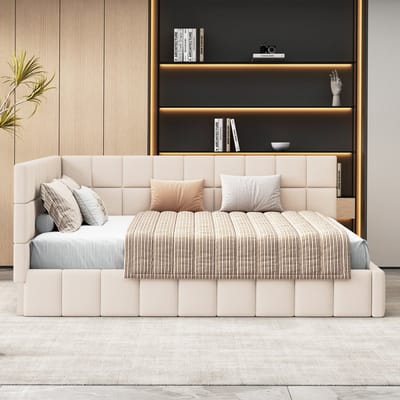 Slaapbank 160x200cm - multifunctioneel bed - verticale strepen - inclusief houten lattenbodem - beige - zonder matras