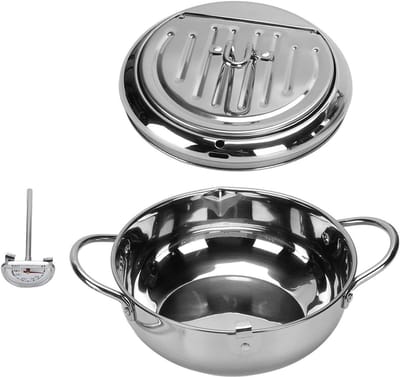 Frituurpan RVS - Olie Filterpan - Thuis Frituren - Met Temperatuurmeter - 24cm Diameter - Zilver