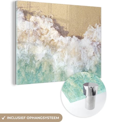 MuchoWow® Glasschilderij 120x90 cm - Schilderij acrylglas - Golf - Strand - Zee - Water - Foto op glas - Schilderijen