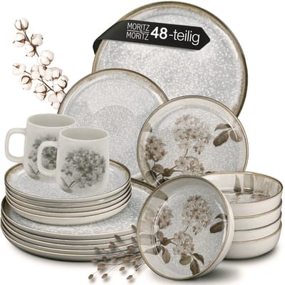 Moritz & Moritz BLOSSOM 48-delig Serviesset 12 Persoons Grijs - Porselein Koffieservies met Borden, schalen en Kopjes