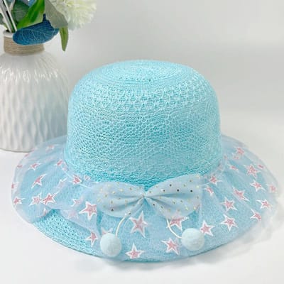 Chapeau d'été fin pour enfant style princesse Chapeau pare-soleil à larges bords Protection solaire Chapeau de soleil pour bébé 2-7 years old blue