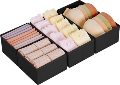 Homsorout Kledingkast ondergoed organizer - set van 4 Pax Organizer | Lade-organizer, opvouwbare opbergdoos, stoffen opslag, geschikt voor commode, sokken, beha's, babykleding, zwart