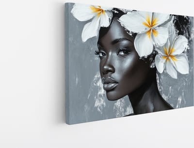 Saammp - Canvas Schilderij - Afrikaanse Vrouw met Witte Lotusbloemen - Abstract - 30x20 - Foto op canvas - Wanddecoratie - Muurdecoratie Woonkamer - Slaapkamer decoratie - Canvas Print