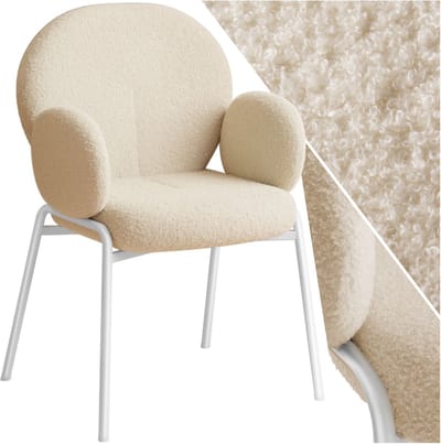 tectake® Eetkamerstoel met Armleuning - Scandi Stoel - Eetkamerstoelen - Stoelen voor Eetkamer en Eettafel - Keukenstoel - Bekleding van Bouclé Teddystof - Klassiek - Crème