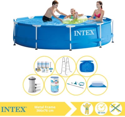 Intex Rond Frame Zwembad - 366 x 76 cm - Blauw - Inclusief Pomp - Onderhoudspakket - Filter - Grondzeil - Schoonmaakset - Ladder - Voetenbad - 8-delig