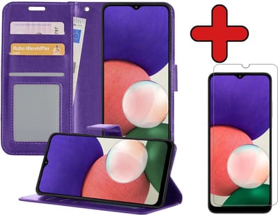 Hoesje - Met Screenprotector - Geschikt voor Samsung Galaxy A22 4G - Luxe Pasjeshouder - Flipcase - Bookcase Portemonee - Flip Case - Kunstleer Book Case - Book Cover - Walletcase - Portemonneehoes - Telefoonhoes - Paars