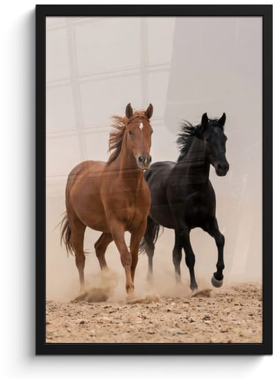 Poster in lijst - Fotolijst 40x60 cm - Posters - Kudde paarden - Stofwolk - Bruin - Zwart - Posterlijst zwart - Decoratie - Wanddecoratie woonkamer - Muurdecoratie slaapkamer