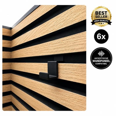 6 Stuks Akustische Paneel Haken - Wandhaak Voor Lattenwand - Kapstokhaak Voor Akoestische Wandpanelen - Design Wandhaak - Opberghaak Voor Hal Slaapkamer Kantoor Badkamer - Sterke Bevestiging - Organizer Voor Wandpanelen - Zwart