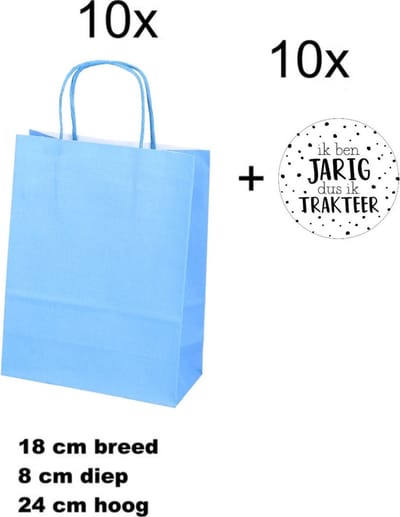 10x Geschenktassen Blauw - 10x Sluitstickers - Ik ben Jarig dus ik Trakteer - 18+8x24cm - 40mm - 10 stuks - Cadeautasje - Tassen - Geschenk - Verpakkingen - Geschenktasjes - Blauw- Uitdelen - Trakteren - Luxe inpakken - Uitdeeltraktatie - Cadeautasje