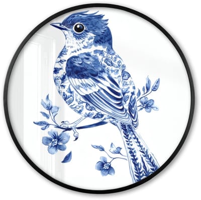 Poster in lijst Rond - Fotolijst 60x60 cm - Posters - Vogel - Delfts blauw - Illustratie - Bloemen - Ronde posterlijst zwart - Decoratie - Wanddecoratie woonkamer - Muurdecoratie slaapkamer