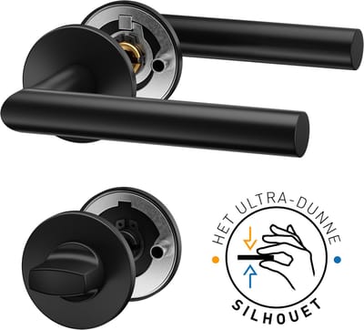 NINA Super Slim Deurbeslag - Zwarte Deurklink met ronde rozet en WC rozet - Deurgrepen voor toilet/badkamerdeuren - Binnendeur - Roestvrij staal
