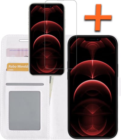 Hoes - Met Screenprotector - Geschikt voor Apple iPhone 14 - Luxe Pasjeshouder - Bookcase Portemonee - Flip Case - Kunstleer Book Case - Flipcase - Book Cover - Walletcase - PortemonneeHoes - Wit