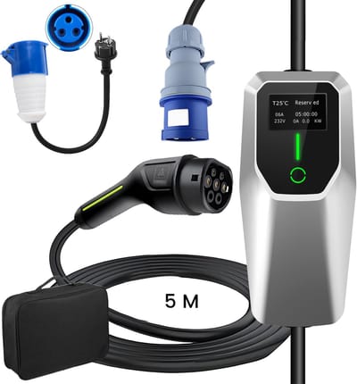 JUNSUN Draagbare 3.68/7kW 16/32A 1-Fase EV Laadkabel - Type 2 Laadpaal , 5M Kabel + LCD Scherm & Opbergtas - 6A/8A/10A/13A/16A/20A/24A/32A Schakelbaar - IEC62196-2 & IP67