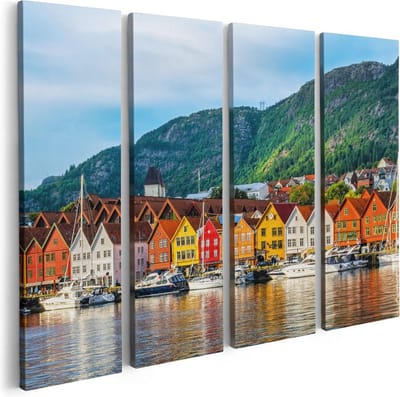 Artaza Canvas Schilderij Vierluik Gekleurde Huizen in Byrggen, Noorwegen - 80x60 - Foto Op Canvas - Canvas Print