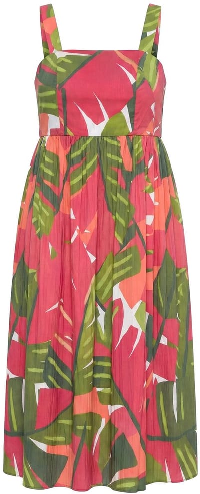 Ulla Popken - Dames - Maxi-jurk palmbomen gesmokte rug mouwloos - Roze - Maat 58+