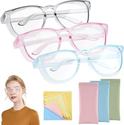 Drie glazen met blauw lichtfilter en zijbescherming voor optimale stofbescherming, inclusief brillenkokers en schoonmaakdoekjes voor mannen en vrouwen