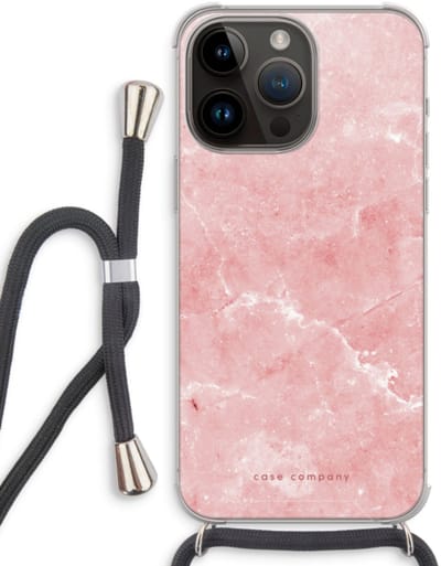 Case Company® - Hoesje met koord geschikt voor iPhone 14 Pro Max hoesje met Koord - Roze marmer - Telefoonhoesje met Zwart Koord - Bescherming aan alle Kanten en Over de Schermrand