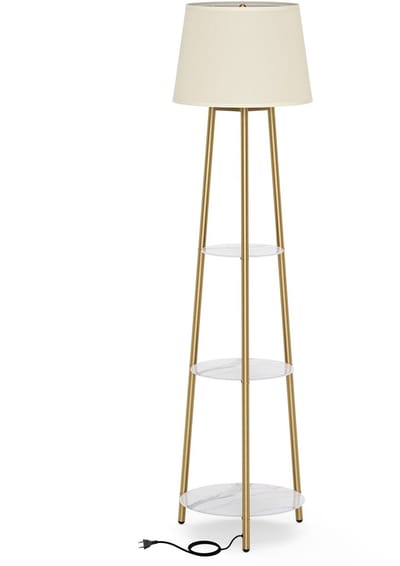LUVODI Staande Vloerlamp met Planken - 3-Tier Staande Lamp - met lampenkap Gouden Frame - Moderne Faux Marmeren Weergaveplank - Leeslamp - voor Woonkamer, Slaapkamer, Kantoor - 158.5cm Hoogte