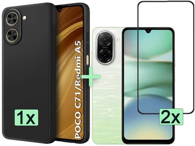 Casemania Hoesje +Glas Geschikt voor Xiaomi Poco C71 4G - Zwart - Silicone Back Cover met Camera Bescherming - 2 x Glazen Screenprotector