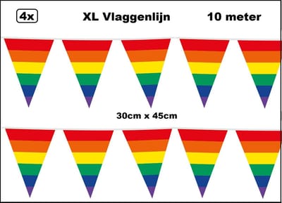 40 meter XL Vlaggenlijn regenboog 30cm x 45cm – 4x vlaggenlijn regenboog 10 meter - Giga vlaglijn themafeest party festival