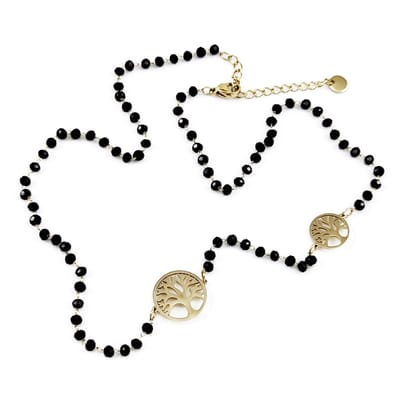 Kristallen Ketting Dames - Verguld RVS Levensboom Symbool - Zwarte Choker