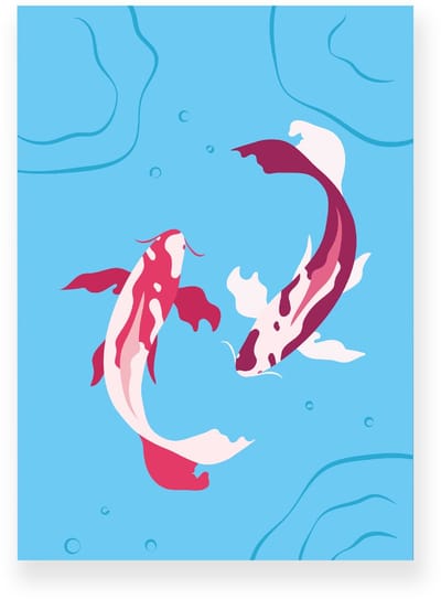 Poster 20x30 cm - Koi Vissen - Water - Helderblauw - Roze - Minimalistisch - Botanisch - Muurdecoratie - Wanddecoratie