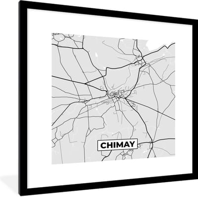 Fotolijst incl. Poster Zwart Wit- België – Chimay – Stadskaart – Kaart – Zwart Wit – Plattegrond - 40x40 cm - Posterlijst