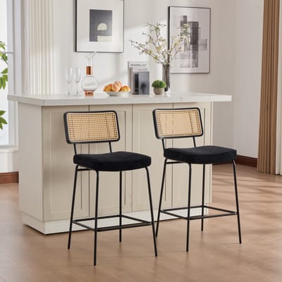 Barstoelen - 2 Stuks - Chenille Zithoek Stoel Zonder Armleuning - Houten Rugframe Rattan Look - Metalen Poten - Zwart