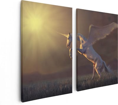 Artaza Canvas Schilderij Tweeluik Eenhoorn met Vleugels in het Gras - 80x60 - Foto Op Canvas - Canvas Print