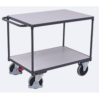 Zware ESD-tafelwagen, staal/spaanplaat, grafietgrijs/lichtgrijs, 2 etages, L 850 x B 500 mm, TPE-wielen met EasySTOP, tot 400 kg