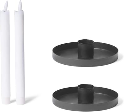 Set van 2 ronde metalen kaarsenhouders, diameter 6 cm, ZWART met LED-kaarsen, premium echte was, kaarsenhouder op batterijen, Adventskrans, Scandic Chic kaarsenbord, decoratieve schaal, tafelkaarsen