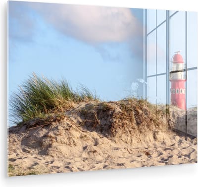 MuchoWow® Glasschilderij 160x120 cm - Schilderij acrylglas - Strand - Vuurtoren - Duin - Foto op glas - Muurdecoratie woonkamer - Wanddecoratie slaapkamer - Schilderijen