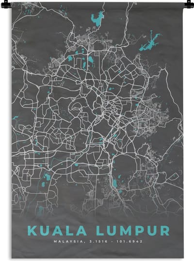 Wandkleed - Wanddoek - Kuala Lumpur - Stadskaart - Plattegrond - Kaart - Blauw - 120x180 cm - Wandtapijt