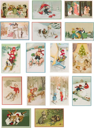 Nostalgische kerstkaarten - 16 stuks - Franz Josef - Klassieke Vintage afbeeldingen - Winter - Sneeuw - Feestelijk - Jaarwisseling - Oude Brocante kerstkaarten