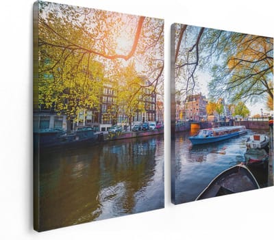 Artaza Canvas Schilderij Tweeluik Amsterdamse Gracht Tijdens Het Voorjaar - 120x80 - Foto Op Canvas - Canvas Print