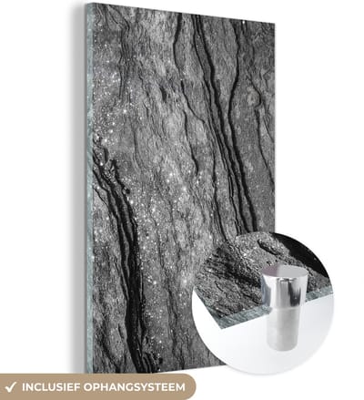 Glasschilderij zwart wit - Graniet - Steen - Zwart - Wit - 120x180 cm - Foto op glas - Decoratie woonkamer