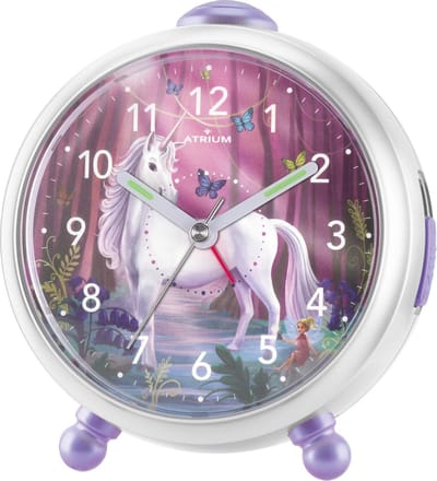 ATRIUM - Wekker - Kinderen - Meisjes - Analoog - Unicorn - Eenhoorn -Paars / Wit - Zonder tikgeluid - Snooze - Licht/ wijzerplaatverlichting - Glow in the dark wijzers - Grote knoppen - Wekkers Slaapkamer - A932-0