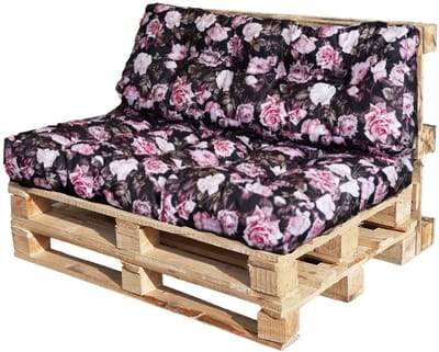 Blomster – Palletkussens set van 2 – Tuinkussens voor palletbank – Zitkussen 120x80x14 cm en Rugkussen 120x40x14 cm – Zwart met rozen