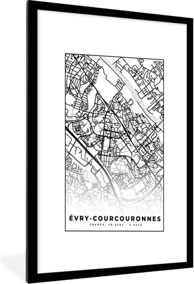 Fotolijst incl. Poster Zwart Wit- Stadskaart - Plattegrond - Évry-Courcouronnes - Kaart - Frankrijk - Zwart wit - 60x90 cm - Posterlijst