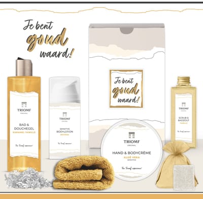 Geschenkset “Je bent goud waard!” -6 producten 810 gram - Triomf Cosmetica | Giftset voor haar Cadeautje Vrouw Valentijn Cadeaupakketje Verjaardag Geschenk Kerst Kerstpakket Cadeaupakket Moeder Moederdag Vrijwilliger Zorg Zorgwerk Gift Set Geel