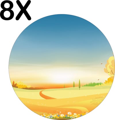 Luxe Ronde Placemat - Getekend - Rustgevend Herfst Landschap - Set van 8 Placemats - 50x50 cm - 2 mm dik Vinyl - Anti Slip - Afneembaar