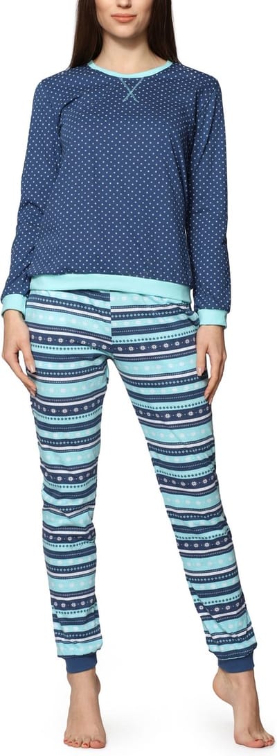 Cornette Dames Pyjama - Lange mouwen - Lange broek - Katoen - CR-634-2015 - Jeans/Turquoise - S