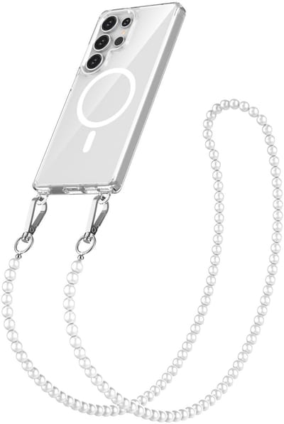 Geschikt voor Samsung Galaxy S25 Ultra Hoesje Met Afneembare Koord - Solidenz Collection - Backcover Met Ketting S24 / S25 - Geschikt voor MagSafe Met Parel Koord - Transparant