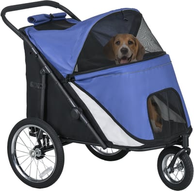 PawHut Hundewagen Hundebuggy mit Netzfenstern, Klappbarer Katzenwagen mit Sicherheitsleine, große Gummiräder für Mittelgroße, Große Hunde bis 30 kg, Oxford, Blau