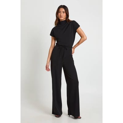 boohoo Dames Crepe Jumpsuit Met Aangezette Hals Trekkoord Tailleband En Wijde Pijpen | Black | Maat: 8